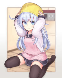 Rule 34 | 1girl, anchor symbol, apron, bad id, bad pixiv id, black thighhighs, blue eyes, blue hair, blush, commentary request, full body, hibiki (kancolle), highres, indoors, kantai collection, long hair, long sleeves, looking at viewer, pleated skirt, pot on head, reitou mikan, school uniform, serafuku, sitting, skirt, smile, solo, thighhighs, wariza, zettai ryouiki