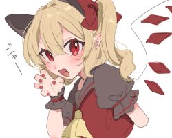 Rule 34 | 1girl, alternate costume, animal ears, ascot, blonde hair, cat ears, cat girl, claw pose, crystal wings, dress, flandre scarlet, highres, medium hair, open mouth, paragasu (parags112), pointy ears, puffy short sleeves, puffy sleeves, red dress, red eyes, red nails, short sleeves, side ponytail, solo, touhou, upper body, yellow ascot