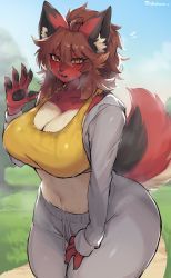 Rule 34 | 1girl, blue sky, blush, breasts, brown hair, cleavage, commission, fangs, furry, furry female, grass, grey jacket, highres, jacket, large breasts, looking at viewer, original, outdoors, pants, pawpads, skeb commission, sky, snout, solo, suurin (ksyaro), sweat, tail, tank top, tree, yellow eyes, yellow tank top, yoga pants