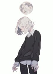 Rule 34 | 1boy, absurdres, black pants, black sweater, bob cut, collared shirt, commentary, cowboy shot, crying, crying with eyes open, full moon, grey eyes, highres, kirudai, long sleeves, looking down, male focus, moon, open mouth, original, pants, parted lips, red pupils, shirt, short hair, simple background, solo, standing, sweater, symbol-only commentary, tears, white background, white hair, white shirt