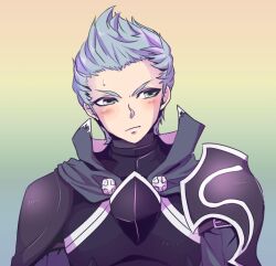 Rule 34 | 1boy, armor, collared cape, fire emblem, fire emblem fates, green eyes, grey hair, looking to the side, male focus, nintendo, portrait, quiff, shoulder armor, silas (fire emblem), simityko, solo