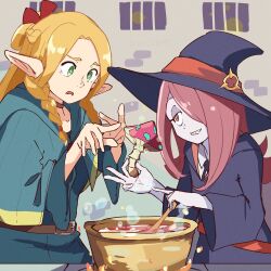 Rule 34 | 2girls, belt, blonde hair, bluearcadegames, boiling, bow, braided sidelock, coat, crossover, dungeon meshi, green eyes, hair bow, hair over one eye, hat, highres, holding, holding mushroom, little witch academia, looking at another, luna nova school uniform, marcille donato, multiple girls, mushroom, pointy ears, purple coat, purple hair, purple headwear, red bow, red eyes, school uniform, sucy manbavaran, witch, witch hat