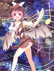 Rule 34 | 1girl, adapted costume, animal ears, bad id, bad pixiv id, bare shoulders, breasts, cleavage, dress, female focus, hat, musical note, mystia lorelei, okannigeru, open mouth, pink hair, short hair, solo, touhou, wrist cuffs