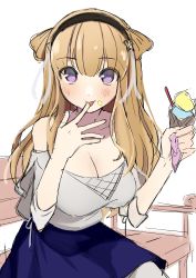 Rule 34 | 1girl, absurdres, bench, blonde hair, blouse, breasts, cowboy shot, double bun, fletcher (kancolle), food, food on face, hair bun, hair ornament, hairband, highres, ice cream, ice cream on face, kantai collection, large breasts, licking, licking finger, long hair, off shoulder, one-hour drawing challenge, purple eyes, shirt, sketch, solo, star (symbol), star hair ornament, tongue, tongue out, toriniku senshi chikinman, white background, white shirt