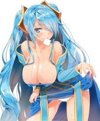 Rule 34 | 1girl, blue eyes, blue hair, blush, breasts, cleavage, clothes lift, collarbone, condom, condom in mouth, hair ornament, hanging breasts, large breasts, league of legends, looking at viewer, low neckline, matching hair/eyes, mouth hold, mx2j, panties, skirt, skirt lift, solo, sona (league of legends), twintails, underwear, unfinished, upskirt