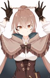 Rule 34 | 1girl, ahoge, belt, brown capelet, brown cloak, brown corset, brown eyes, brown hair, cape, capelet, cleavage cutout, cloak, clothing cutout, corset, crossed bangs, dagger, feather hair ornament, feathers, gloves, hair ornament, hairclip, hieroglyphics, highres, hololive, hololive english, knife, long hair, looking at viewer, ma draws, multicolored hair, nanashi mumei, nanashi mumei (1st costume), partially fingerless gloves, ponytail, pulling, ribbon, runes, shirt, smile, streaked hair, very long hair, virtual youtuber, weapon, white shirt