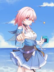 Rule 34 | 1girl, bird, black choker, black corset, blue eyes, blue jacket, blue skirt, blue sky, breasts, camera, chinese commentary, choker, closed mouth, cloud, commentary request, corset, earrings, from side, hair intakes, highres, holding, holding camera, honkai: star rail, honkai (series), horizon, jacket, jewelry, long sleeves, looking at viewer, march 7th (honkai: star rail), medium breasts, medium hair, natori biu, ocean, one eye closed, pink eyes, pink hair, pleated skirt, shirt, single earring, skirt, sky, solo, star (symbol), thigh strap, tied jacket, two-tone eyes, underbust, v, waves, white shirt