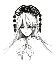 Rule 34 | 1girl, closed mouth, commentary, eyelashes, greyscale, hair between eyes, headdress, highres, junko (touhou), long hair, looking at viewer, monochrome, neck ribbon, portrait, ribbon, shiguma (signalmass), simple background, solo, tassel, touhou, turtleneck