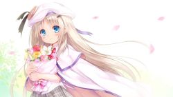 Rule 34 | 1girl, blonde hair, blue eyes, blush, bouquet, cape, cherry blossoms, flower, hat, holding, kud wafter, little busters!, long hair, na-ga, noumi kudryavka, hugging object, official art, petals, school uniform, shirt, skirt, smile, solo, upper body