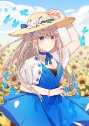 Rule 34 | 1girl, animal, bad id, bad pixiv id, bangle, blue choker, blue dress, blue eyes, blurry, blurry background, blush, bracelet, braid, breasts, brown hair, brown hat, bug, butterfly, character request, choker, cleavage, closed mouth, collarbone, commentary request, cropped jacket, depth of field, dress, field, flower, flower field, hair between eyes, hat, hat flower, highres, insect, jacket, jewelry, long hair, medium breasts, mo (pixiv9929995), open clothes, open jacket, pleated dress, short sleeves, smile, solo, sun hat, sunflower, sunflower field, very long hair, warship girls r, white flower, white jacket, yellow flower