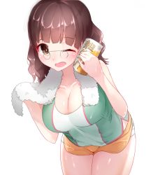 Rule 34 | 10s, 1girl, alternate costume, bare arms, bare shoulders, beer can, blunt bangs, boruhis, breasts, brown eyes, brown hair, can, collarbone, drink can, glasses, holding, holding can, kantai collection, large breasts, medium hair, one eye closed, open mouth, roma (kancolle), simple background, solo, sportswear, towel, white background