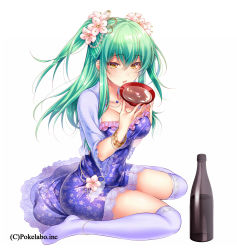 Rule 34 | 1girl, alcohol, blue dress, blue thighhighs, blush, bottle, bracelet, breasts, cherry blossoms, cleavage, cup, dress, flower, green hair, hair flower, hair ornament, hizuki akira, jewelry, large breasts, long hair, looking at viewer, open mouth, original, over-kneehighs, sakazuki, sake, sake bottle, simple background, sitting, solo, thighhighs, twintails, wariza, white background, yellow eyes