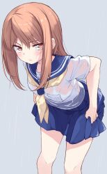 Rule 34 | 1girl, blue sailor collar, blue skirt, blush, bra, bra visible through clothes, brown eyes, brown hair, closed mouth, commentary request, frown, glaring, grey background, highres, ina (inadahime), long hair, looking to the side, neckerchief, original, pleated skirt, rain, sailor collar, school uniform, see-through clothes, see-through shirt, shirt, simple background, skirt, solo, underwear, wet, wet clothes, wet hair, white bra, white shirt, yellow neckerchief