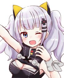 Rule 34 | 1girl, ;d, arm up, bad id, bad twitter id, bare shoulders, black dress, blue eyes, blush, breasts, cleavage, cleavage cutout, clothing cutout, commentary request, dress, hair ornament, hairclip, hand up, kaguya luna, long hair, one eye closed, open mouth, shika (s1ka), sidelocks, silver hair, sleeveless, sleeveless dress, smile, solo, the moon studio, twintails, upper body, virtual youtuber