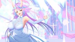 Rule 34 | 1girl, blue hair, breasts, clothes lift, collaboration, commentary, confetti, detached sleeves, dress, dress lift, english commentary, flower, halter dress, halterneck, head tilt, highres, horn flower, horns, indie virtual youtuber, jewelry, large breasts, maya oboro, mayniac, multicolored hair, oni, oni horns, pointy ears, purple hair, ring, rose, semimegami, sideboob, smile, solo, streaked hair, virtual youtuber, wedding dress, white flower, white rose