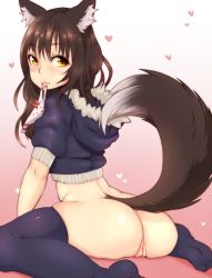 Rule 34 | 1girl, :3, animal ears, ass, black thighhighs, bow, bow panties, brown hair, coffeechicken, commentary, commission, fang, fang out, fox ears, fox tail, from behind, from side, fur collar, gradient background, hair between eyes, head tilt, heart, heart print, hood, looking at viewer, looking back, mouth hold, original, panties, pussy, red bow, short sleeves, sitting, solo, tail, thighhighs, uncensored, underwear, wariza, yellow eyes