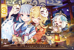 Rule 34 | 3girls, absurdres, ayaka (genshin impact), blonde hair, blue eyes, blunt bangs, blush, cherry blossoms, closed eyes, fairy, festival, food, food stand, fox mask, genshin impact, hair ornament, halo, happy, highres, hug, hug from behind, japanese clothes, kimono, lantern, long sleeves, lumine (genshin impact), mask, multiple girls, night, open mouth, paimon (genshin impact), slime (genshin impact), smile, st black coffee, white hair, wide sleeves