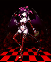 Rule 34 | &gt;:), 1girl, boots, bow, breasts, censored, clitoris piercing, corruption, corset, cross, dark persona, demon girl, detached sleeves, earrings, elbow gloves, evil, female focus, female pubic hair, fingerless gloves, frills, gloves, hair bow, hakurei reimu, high heels, highres, horns, inverted cross, jewelry, lingerie, nipple piercing, nipples, ofuda, pale skin, panties, piercing, pubic hair, pubic tattoo, purple hair, pussy, pussy piercing, shoes, slit pupils, solo, tail, tattoo, thigh boots, thighhighs, thong, touhou, underwear, v-shaped eyebrows, wings, yellow eyes, yuzu momo