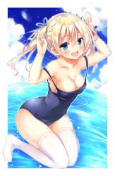 Rule 34 | 1girl, :d, armpits, arms up, bare arms, bare shoulders, blonde hair, blue eyes, blue one-piece swimsuit, blue sky, blush, breasts, cleavage, cloud, cloudy sky, collarbone, commentary request, covered navel, day, fingernails, green ribbon, hair between eyes, hair ribbon, highres, horizon, knees together feet apart, long hair, medium breasts, no shoes, ocean, one-piece swimsuit, open mouth, original, polka dot, polka dot scrunchie, rabbit pose, red scrunchie, ribbon, round teeth, ryo (botugo), school swimsuit, scrunchie, sky, smile, solo, swimsuit, teeth, thighhighs, twintails, upper teeth only, water, white thighhighs, wrist scrunchie
