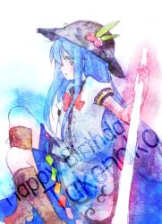Rule 34 | 1girl, blue hair, blush, boots, bow, cross-laced footwear, female focus, food, frills, fruit, grey eyes, happy birthday, hat, hinanawi tenshi, hotmilkice, ice (aitsugai), lace-up boots, leaf, long hair, open mouth, peach, short sleeves, solo, sword, sword of hisou, touhou, very long hair, weapon