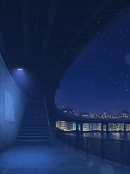 Rule 34 | akafune, blurry, blurry foreground, bridge, building, city, city lights, cityscape, commentary request, highres, lamppost, night, night sky, no humans, original, outdoors, pond, railing, scenery, signature, sky, snowing, tile floor, tiles