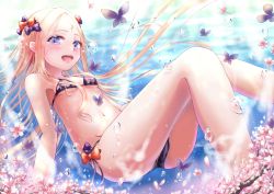 Rule 34 | 1girl, :d, abigail williams (fate), air bubble, ass, bare arms, bare shoulders, bikini, black bikini, black bow, blonde hair, blue eyes, blush, bow, breasts, bubble, bug, butterfly, commentary request, day, fate/grand order, fate (series), flower, insect, kinom (sculpturesky), long hair, looking at viewer, navel, open mouth, orange bow, outdoors, parted bangs, pink flower, polka dot, polka dot bow, small breasts, smile, solo, swimsuit, underwater, very long hair, water
