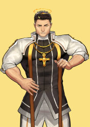 Rule 34 | 1boy, abs, absurdres, baimeme, bara, beard, biceps, black hair, capelet, clenched hand, collared shirt, cross, facial hair, fire, halo, highres, jewelry, large pectorals, looking at viewer, male focus, manly, mature male, muscular, muscular male, necklace, original, pants, pectorals, serious, shirt, short sleeves, solo, sparkle, spiked hair, teeth, thick arms, tight clothes, tokyo houkago summoners, veins, veiny arms, yellow eyes, zabaniyya (housamo)