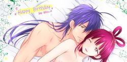 Rule 34 | 1boy, 1girl, blue hair, earrings, implied sex, jewelry, magi the labyrinth of magic, mamemix, nipple slip, nipples, one eye closed, red eyes, red hair, ren kougyoku, topless, topless male, under covers, yellow eyes