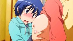 Rule 34 | 10s, 1boy, 1girl, age difference, animated, animated gif, blue eyes, blue hair, blush, breasts, deep skin, grabbing, grabbing another&#039;s breast, hetero, large breasts, onee-shota, open mouth