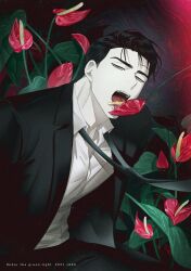 Rule 34 | 1boy, artist name, black hair, black jacket, black necktie, blue eyes, copyright name, flower, formal, jacket, jaxx s2, jin cheong-woo, looking at viewer, necktie, pale skin, red flower, scar, scar on face, scar on forehead, shirt, solo, suit, suit jacket, tongue, tongue out, under the greenlight, white shirt