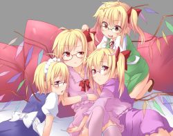 Rule 34 | 4girls, ahoge, alternate costume, bespectacled, blonde hair, blush, bow, cosplay, crescent, dress, fang, flandre scarlet, four of a kind (touhou), glasses, hair bow, hong meiling, hong meiling (cosplay), izayoi sakuya, izayoi sakuya (cosplay), long hair, long sleeves, looking at viewer, maid, maid headdress, multiple girls, patchouli knowledge, patchouli knowledge (cosplay), pink legwear, red eyes, remilia scarlet, remilia scarlet (cosplay), short sleeves, side ponytail, smile, spirytus tarou, star (symbol), thighhighs, touhou, wings, wrist cuffs