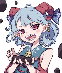 Rule 34 | 1girl, absurdres, blue dress, curly hair, detached sleeves, dress, earrings, highres, horn ornament, horn ribbon, horns, jewelry, kame (kamepan44231), looking at viewer, oil, patterned clothing, pointy ears, red eyes, red horns, red sleeves, ribbon, sharp teeth, sheep horns, simple background, smile, solo, teeth, touhou, sunken fossil world, toutetsu yuuma, white background, white hair