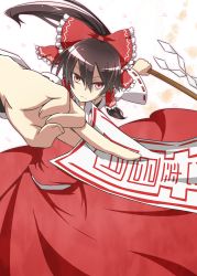 Rule 34 | 1girl, between fingers, bow, brown hair, cherry blossoms, detached sleeves, dress, female focus, fighting stance, gohei, hair bow, hair tubes, hakurei reimu, highres, holding, japanese clothes, miko, ponytail, red dress, red eyes, solo, spell card, touhou, white background, yutamaro