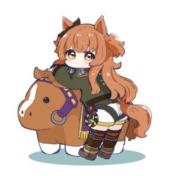 Rule 34 | 1girl, animal ears, ass, black ribbon, blush, bow, brown footwear, brown hair, brown thighhighs, closed mouth, commentary request, ear ribbon, from behind, green jacket, highres, horse ears, horse girl, horse tail, jacket, long hair, long sleeves, looking at viewer, looking back, mayano top gun (racehorse), mayano top gun (umamusume), nozo (hitomiz), puffy long sleeves, puffy sleeves, red eyes, ribbon, shadow, shoes, short shorts, shorts, simple background, sleeves past wrists, solo, stuffed animal, stuffed horse, tail, thighhighs, two side up, umamusume, very long hair, white background, white shorts
