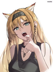 Rule 34 | 1girl, absurdres, animal ears, arknights, bare shoulders, black choker, black hairband, blonde hair, blue eyes, breasts, character name, choker, cleavage, commentary, fang, hair between eyes, hairband, highres, horn (arknights), large breasts, long hair, looking at viewer, open mouth, simple background, snowcatming, solo, upper body, white background, wolf ears