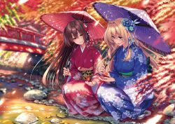 Rule 34 | 2girls, :d, architecture, blue eyes, blue flower, blue kimono, blurry, blurry background, blush, bridge, brown hair, character request, depth of field, east asian architecture, flower, forest, geta, green sash, hair flower, hair ornament, highres, holding, holding umbrella, japanese clothes, kimono, leaf, long hair, long sleeves, looking at another, looking down, maple leaf, minazumi kasane, multiple girls, nature, obi, oil-paper umbrella, open mouth, original, piromizu, purple umbrella, red flower, red kimono, red umbrella, river, rock, sash, smile, socks, squatting, stitched, tabi, third-party edit, umbrella, white footwear, wide sleeves