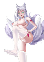 Rule 34 | 1girl, animal ears, arm tattoo, braid, breasts, eyeshadow, fang, fox ears, fox girl, fox tail, french braid, green eyes, highres, large breasts, leg tattoo, light censor, makeup, matrix16, mole, mole under eye, multiple tails, nipples, no shoes, open mouth, original, silver hair, soles, solo, tail, tattoo, thighhighs, thighs, white thighhighs
