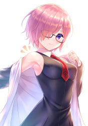 Rule 34 | 1girl, ^^^, armpits, bare shoulders, black-framed eyewear, black dress, blush, breasts, closed mouth, collared dress, commentary request, dress, fate/grand order, fate (series), glasses, grey jacket, hair over one eye, hand up, highres, jacket, long sleeves, looking at viewer, mash kyrielight, medium breasts, necktie, notice lines, off shoulder, open clothes, open jacket, pink hair, purple eyes, red necktie, short hair, simple background, single bare shoulder, sleeves past wrists, smile, solo, tomo (tmtm mf mf), unzipped, upper body, white background, white jacket