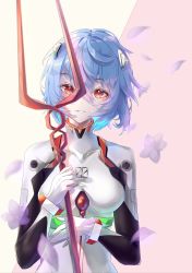 Rule 34 | 1girl, absurdres, ayanami rei, blue hair, bodysuit, breasts, breasts apart, colored inner hair, grin, hair between eyes, highres, holding, holding weapon, lance of longinus (evangelion), looking at viewer, medium breasts, multicolored hair, neon genesis evangelion, petals, plugsuit, red eyes, short hair, skin tight, smile, solo, two-tone hair, upper body, voqpzf8xxyn3kbw, weapon, white bodysuit