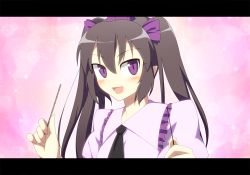 Rule 34 | 1girl, anime coloring, black hair, blush, closed eyes, female focus, hat, himekaidou hatate, kaiza (rider000), letterboxed, long hair, necktie, open mouth, pointy ears, purple eyes, rider000, smile, solo, tokin hat, touhou, tsurime, twintails