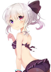 Rule 34 | 1girl, absurdres, ass, black bow, black panties, black pantyhose, blush, bow, bracelet, closed mouth, from side, hair bow, heterochromia, highres, huaimeng, jewelry, looking at viewer, original, panties, pantyhose, purple eyes, red eyes, short hair, short ponytail, silver hair, simple background, smile, solo, underwear, white background