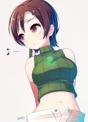 Rule 34 | 1990s (style), 1girl, arms behind back, bare shoulders, blueberry (5959), brown eyes, brown hair, final fantasy, final fantasy vii, grey background, headband, highres, looking away, midriff, musical note, navel, retro artstyle, short hair, shorts, signature, simple background, sleeveless, sleeveless turtleneck, solo, square enix, turtleneck, whistling, yuffie kisaragi
