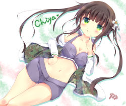 Rule 34 | 1girl, :q, bare shoulders, bikini, bikini top only, blunt bangs, blush, breasts, brown hair, camouflage, character name, cleavage, collarbone, commentary request, finger to face, flower, gochuumon wa usagi desu ka?, green eyes, grey bikini, grey shorts, hair flower, hair ornament, hair ribbon, halterneck, heart, hinata yuu (atelierhinata), jacket, long hair, long sleeves, looking at viewer, lying, medium breasts, multicolored background, navel, off shoulder, on back, pocket, ribbon, shadow, short shorts, shorts, sidelocks, signature, smile, solo, stomach, striped ribbon, swimsuit, tongue, tongue out, twintails, ujimatsu chiya, white jacket, white ribbon