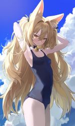 Rule 34 | 1girl, absurdres, animal ear fluff, animal ears, armpits, arms up, backlighting, bare arms, bare shoulders, bell, black choker, blonde hair, blue one-piece swimsuit, blue sky, blush, breasts, choker, cleavage, closed mouth, cloud, competition school swimsuit, covered navel, cowboy shot, day, fox ears, from side, hair between eyes, hair intakes, half-closed eyes, head tilt, highres, jingle bell, long hair, looking at viewer, neck bell, one-piece swimsuit, orange eyes, original, outdoors, parted bangs, roti, school swimsuit, sky, small breasts, solo, swimsuit, thighs, two side up, v-shaped eyebrows, very long hair