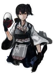 Rule 34 | 10s, 1girl, artist name, black gloves, brown eyes, brown hair, crossover, ergot, gloves, gun, japanese clothes, kaga (kancolle), kantai collection, mask, unworn mask, money, muneate, payday (series), payday 2, side ponytail, simple background, solo, traditional media, weapon, wolf (payday)