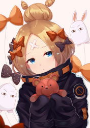 Rule 34 | 1girl, abigail williams (fate), abigail williams (traveling outfit) (fate), balloon, beige background, black bow, black jacket, blonde hair, blue eyes, bow, closed mouth, commentary request, crossed bandaids, fate/grand order, fate (series), hair bow, hair bun, highres, holding, holding stuffed toy, jacket, long hair, long sleeves, looking at viewer, medjed (fate), official alternate costume, orange bow, parted bangs, polka dot, polka dot bow, shirokun0824, simple background, single hair bun, sleeves past fingers, sleeves past wrists, solo, stuffed animal, stuffed toy, teddy bear