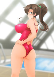 Rule 34 | 1girl, absurdres, ass, bishoujo senshi sailor moon, blush, breasts, brown hair, covered erect nipples, green eyes, highres, huge ass, huge breasts, kino makoto, looking at viewer, looking back, nanashi noiji, one-piece swimsuit, ponytail, red one-piece swimsuit, rei no pool, sailor jupiter, smile, solo, swimsuit, tagme