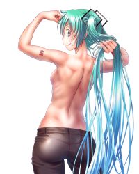 Rule 34 | 00s, 1girl, adjusting hair, alternate costume, aqua eyes, arm tattoo, arms up, ass, back, backboob, black pants, blush, breasts, closed mouth, flexing, from behind, hair ornament, hatsune miku, highres, holding, holding hair, long hair, looking back, medium breasts, nail polish, number tattoo, pants, profile, shiny skin, smile, solo, standing, tattoo, toned, topless, twintails, very long hair, vocaloid, white background, wokada
