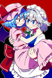 Rule 34 | 2girls, bat wings, blue eyes, blue hair, bollzzalguy, carrying, closed mouth, grey hair, hat, hat ribbon, highres, izayoi sakuya, looking at another, maid, maid headdress, mob cap, multiple girls, pink hat, pink shirt, pink skirt, red background, red eyes, red ribbon, remilia scarlet, ribbon, shirt, short hair, short sleeves, simple background, skirt, smile, touhou, wings