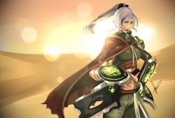 Rule 34 | 1girl, arm guards, backlighting, cape, desert, green eyes, hannah santos, league of legends, lens flare, looking at viewer, ponytail, riven (league of legends), sand, shield, solo, sun, sunlight, sword, watermark, weapon, white hair